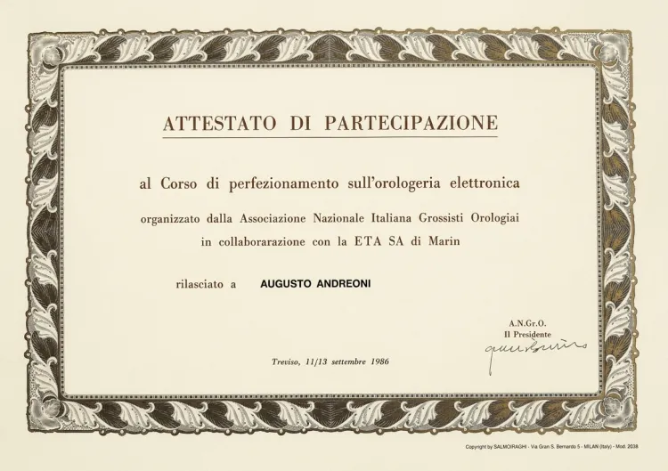 Attestato Orologeria Elettronica 1986