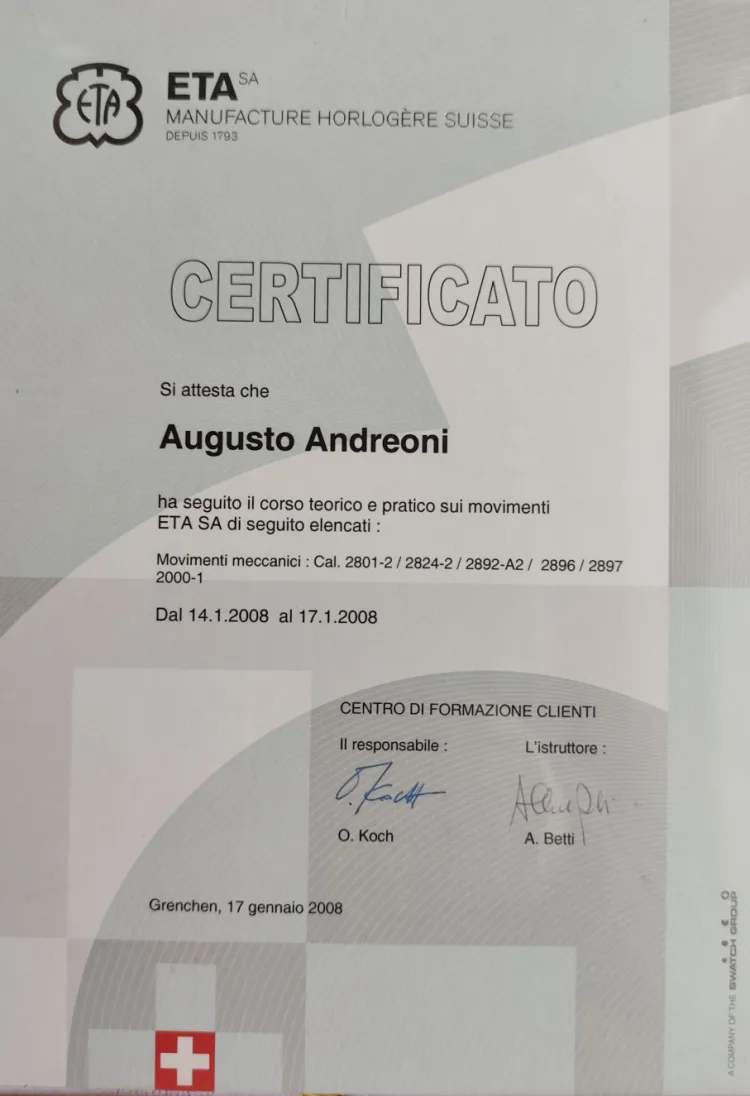 Attestato Corso Movimenti Meccanici ETA SA 2008