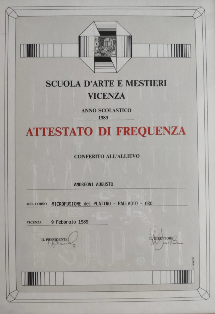 Attestato Scuola d'Arte e Mestieri Vicenza 1989
