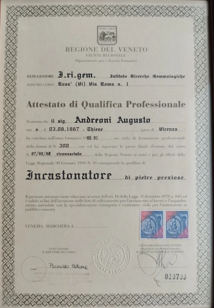 Attestato Incastonatore 1990 1991