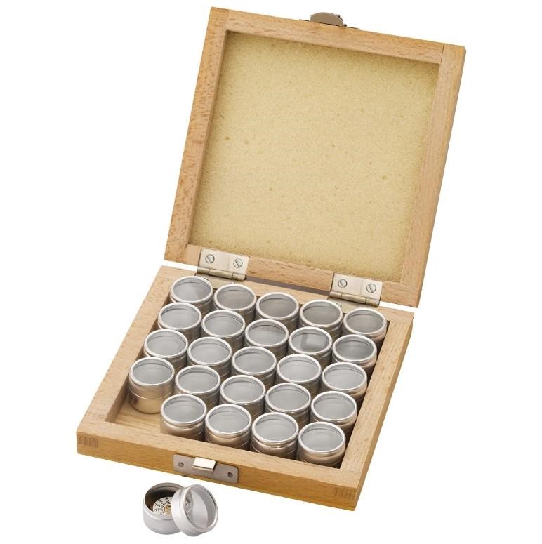 Astuccio in legno con 24 Scatole in Alluminio con coperchio trasparente Astuccio in legno con 24 Scatole in Alluminio con coperchio trasparente