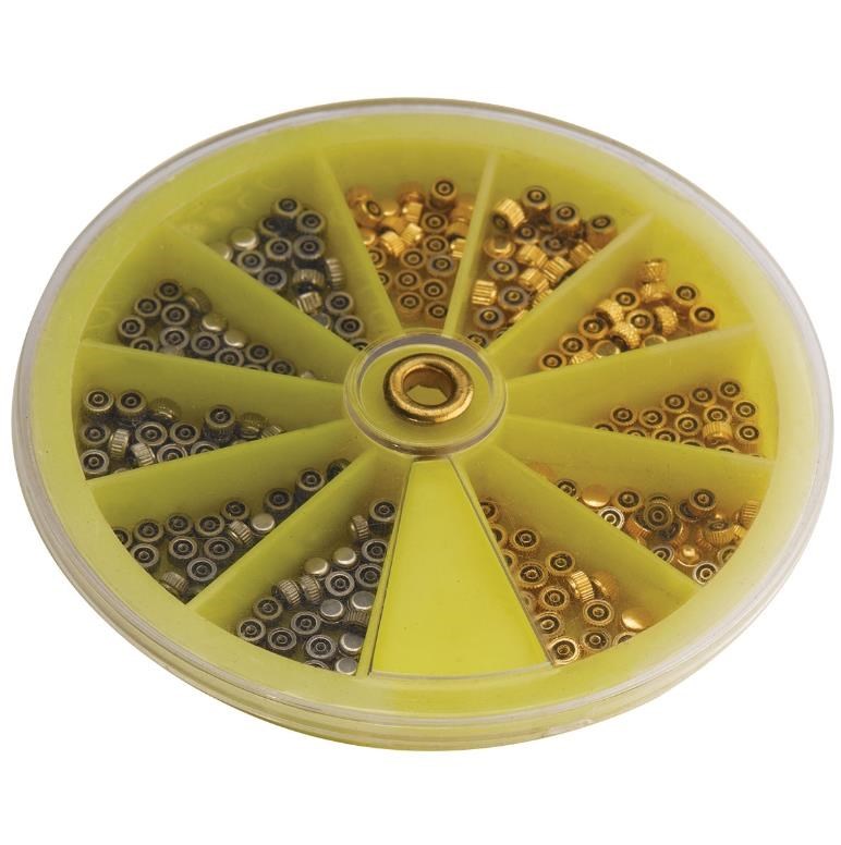 Assortimento di 250 corone di carica per orologio dorate e acciaio  Assortimento di 250 corone di carica per orologio dorate e acciaio