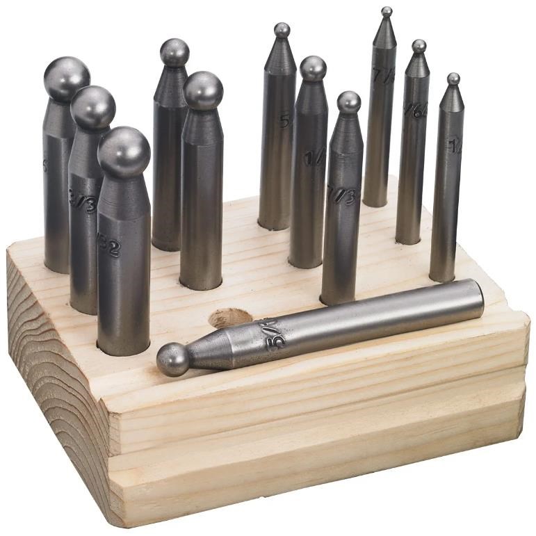 Imbottitori in acciaio set di 12 pezzi con stand in legno Imbottitori in acciaio set di 12 pezzi con stand in legno